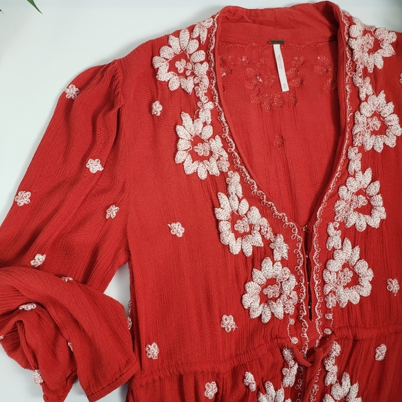 Free People Red White Embroidery Bohemian Boho Midi Oversized XS - Picture 7 of 16